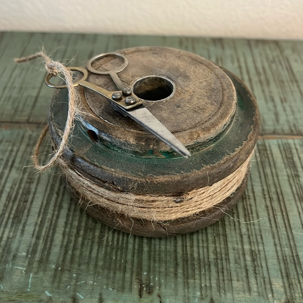 Wooden Spool with Jute String and Scissors